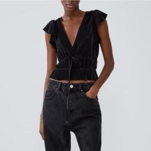 Zara Black Velvet V Neck Flutter Sleeve Cropped Blouse